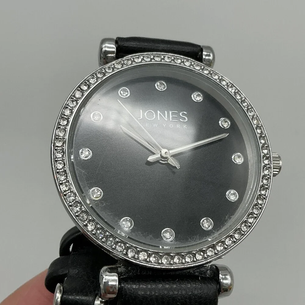 Jones New York 14986 Womens Watch 34mm Black Dial Leather Silver Tone New Batt